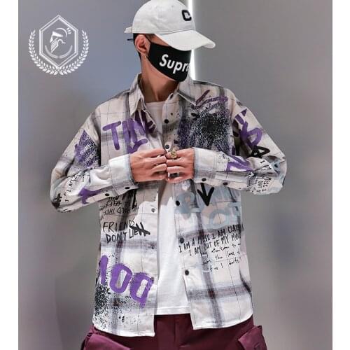 Men Fashion Loose Print Casual Plaid Hip Hop Shirts