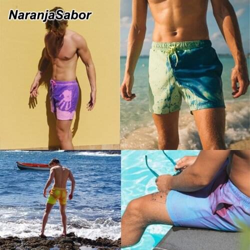 NaranjaSabor Mens Color Changing Beach Shorts 2020 Summer Mens Fashion Colorful Quick Drying Shorts Casual Male Clothing N664