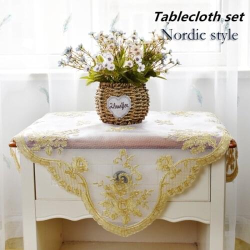 Nordic Gold Thread Embroidered Square Tablecloth Table Runner Set Air Conditioner Refrigerator Dust Wedding Party Decoration