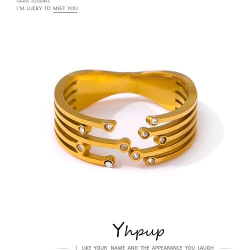 Yhpup Exquisite Cubic Zirconia Wedding Ring Stainless Steel Metal Gold Engagement Ring for Women 18 K Jewelry Anniversary Gift