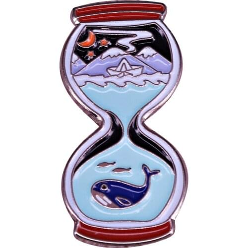 Adventure time badge hourglass landscape pin ocean mountain moon brooch travel nautical gift art jackets bag decor