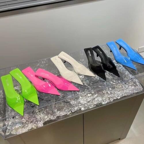 Pointed Peep Toe Candy Color Transparent Jelly Shoes Shallow Slip On Mules Shoes Thin Low Heels Blue/Black/Green/Pink/White Shoe