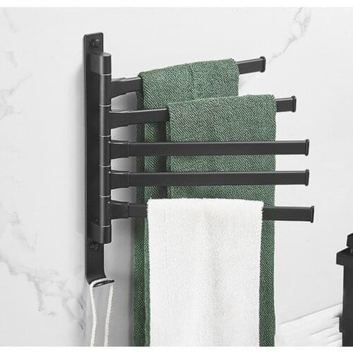 Bathroom Swivel Towel Bar with Hooks Wall Mounted Swivel Arm Towel Rack Stainless Steel Black 5 rods Towel Rail Holder