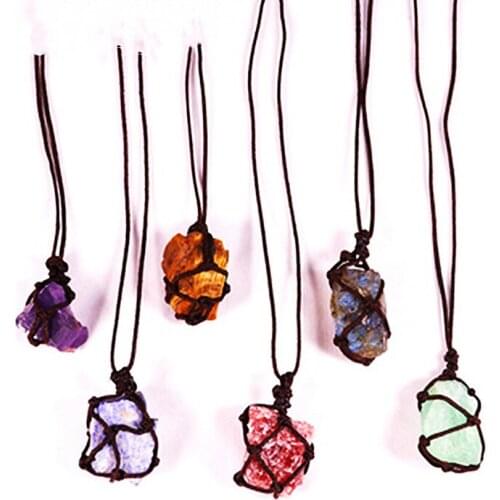 Natural Stone Rope Wrap Necklace Irregular Rose Crystal Quartz Pendant Necklaces Adjustable Women Girl Vintage Jewelry