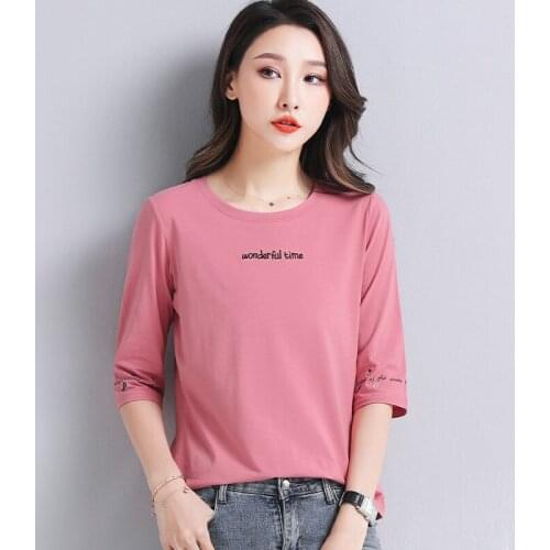 2021 New Regular Middle Sleeve Embroidered Letter Simple Summer T-Shirt for Women 100% Cotton Korean Version Loose