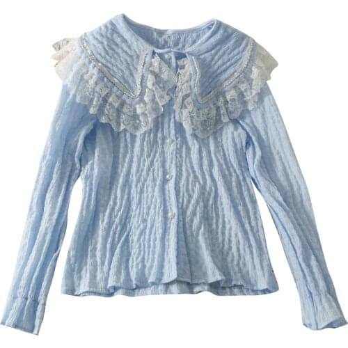 Lace stitching wooden ears doll collar pleated slim womens new single-breasted long-sleeved shirt