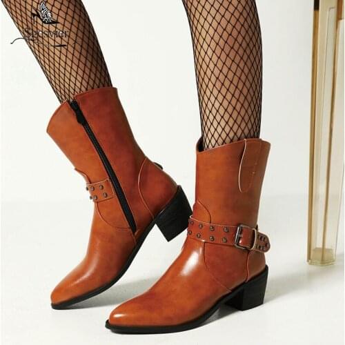Sgesvier 2021 Women Ankle Boots Fashion Pointed Toe Square Heel Ladies Short Boots PU Leather Buckle Side Zipper Womens Boots