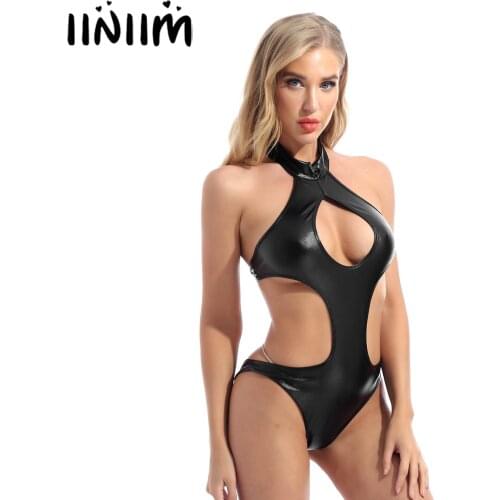 Women Teddy Costumes Clubwear Cutout Patent Leather Skinny Bodysuit Bodystocking Halter Keyhole Lace-up Backless Porno Swimwear