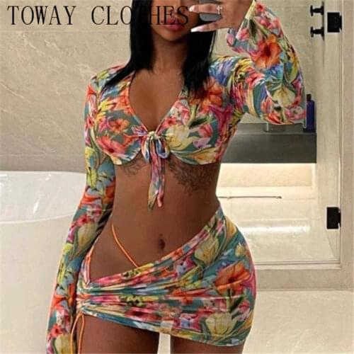 Summer Women V-Neck Long Sleeve Tie Front Floral Print Crop Top & Ruched Skirt Set
