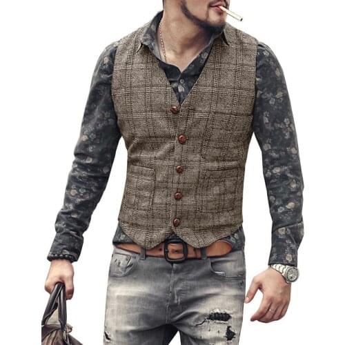 Black Coffe Men Check Tweed Waistcoat Wool Vintage Casual Slim Fit Vest V-neck Collarless Business Gilet For Groomsmen Wedding