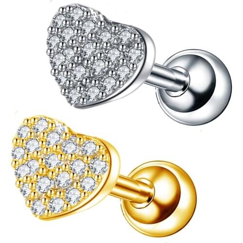 1Pc Heart-Shaped Cartilage Studs Cubic Zirconia Helix Tragus Conch Screw Back Earring Stainless Steel Piercing Jewelry Women