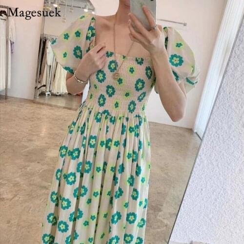 2021 Chiffon Floral Bubble Sleeve Square Neck Dress Korean Women Summer Dress Sweet Elegant High Waist Party Dress Vestido 14048