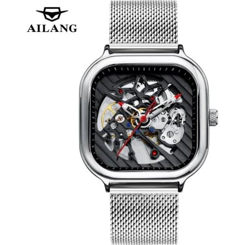 AILANG Mens Watch Automatic Mechanical Hollow Square Watch Sports Waterproof Stainless Steel Case Luxury Business Formal Watch