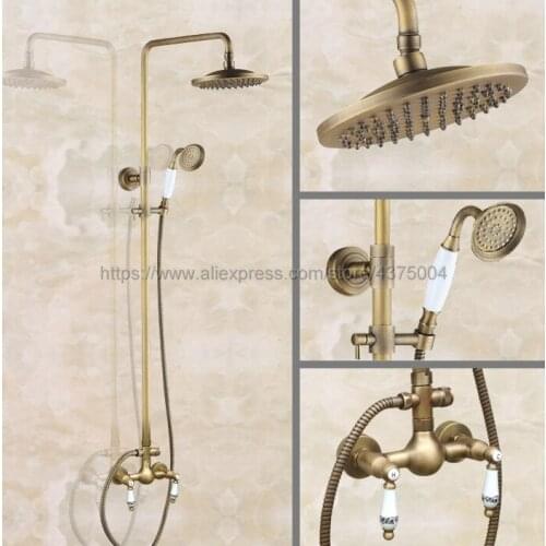 Antique Brass Bathroom 8" Rainfall Shower Faucet Set Double Handle Bath Shower Mixer Taps Wall Mounted with Handshower Nan108