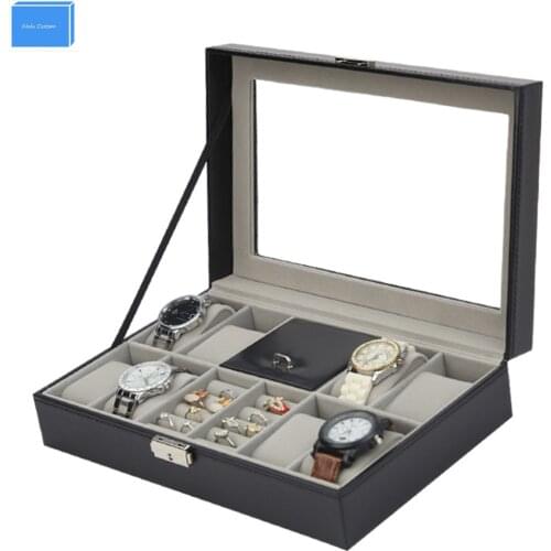 Black PU Jewelry Ring+Watch Box 8 Grids Slots Watches Display Organizer Storage Case with Lock&Soft Velvet Family Collect Box