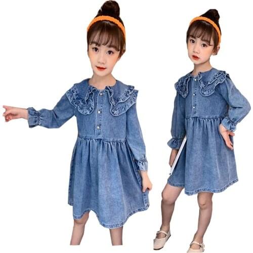 Girls Denim Floral Dress Summer Party Dress with Belt Children Flying Long Sleeve Casual Clothing Baby Girl Kids Fashion Outfit