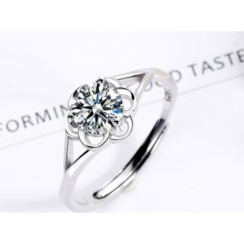 Dainty Female White Round Crystal Ring Charm Sterling Silver Wedding Rings For Women Vintage Hollow Flower Thin Engagement Ring