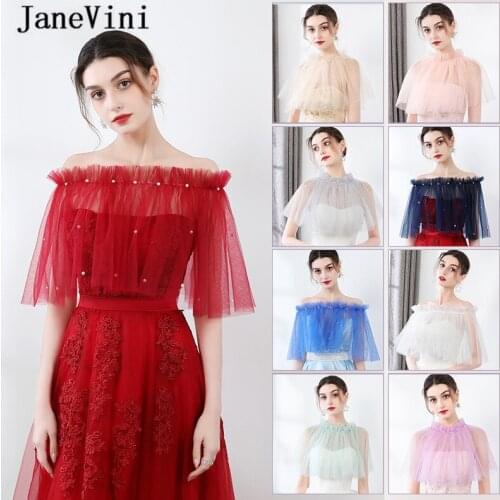 JaneVini 2020 Elegant Red Tulle Bridal Bolero Mujer Off the Shoulder Beaded Summer Wedding Shawls Wraps Short Women Cape Cloak