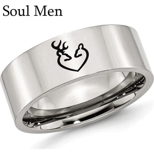 8mm / 6mm Elk Hunting Her Buck His Doe Love Engraved Stainless Steel Ring Men Women Anniversary Jewelry