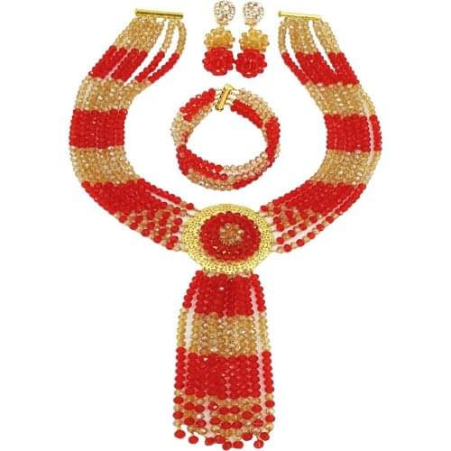 Red and Champagne Gold AB Crystal Beaded Necklace Sets Nigerian Wedding African Beads Jewelry Set 6CXLS01