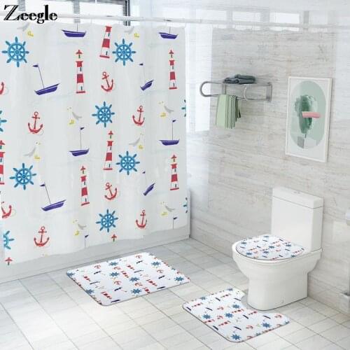 Lighthouse Printing 4PCS Bath Mat Set Shower Curtain Set with Hooks Anti-slip Floor Carpet and Waterproof Shower Curtain Set