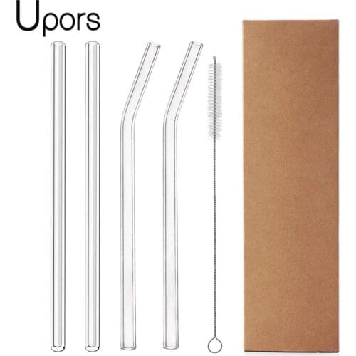 UPORS 4Pcs/Set Reusable Glass Drinking Straws Glass Straw with Brush Eco Friendly Glass Straws for Smoothies Cocktails 200mm*8mm