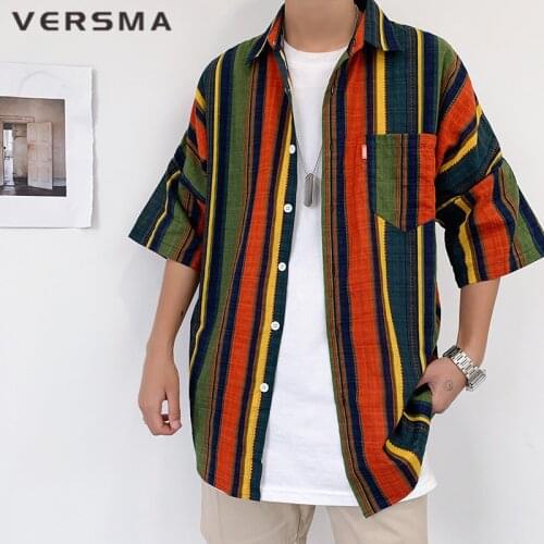 VERSMA 2019 Korean Harajuku Ulzzang Striped Short Sleeve Shirt Men Summer Hawaii Oversized Blue Dress Shirts Male Dropshipping