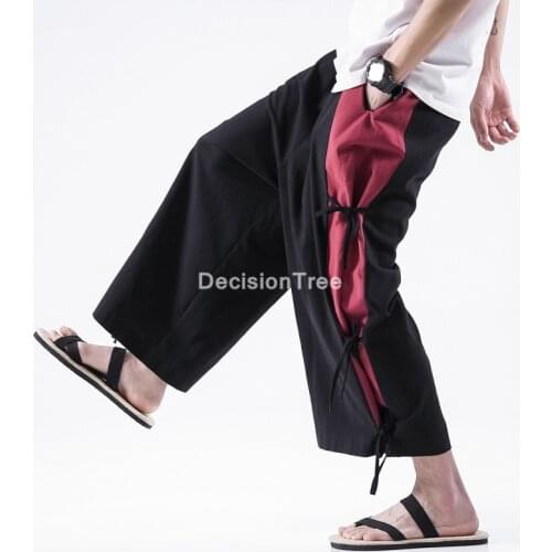 2021 streetwear mens joggers trousers chinese style casual harem pants kung fu tai wushu pants waist loose cotton linen pants
