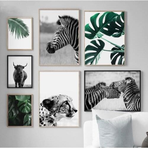 Zebra Yak and Green Plant Leaves Canvas Painting Wall Art Nordic Posters and Prints Wall Pictures for Living Room Decoration