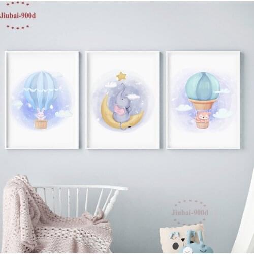 Baby Room Wall Decoration Cartoon Animals Elephant Hot Air Balloon Pictures Canvas Painting Nursery Wall Art posters and prints