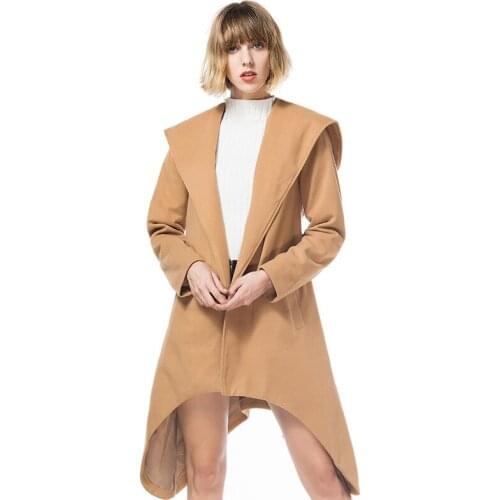 Savabien 2019 Autumn Women Simple Slim Woolen Coat Hooded Asymmetrical Belted Trench Coat Cardigan Vintage Camel Black Overcoat
