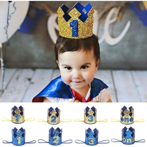 1 2 3 years old creative shiny film birthday blue golden crown baby shower decoration headband children party hat
