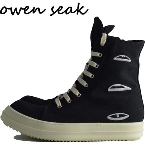 Owen Seak Men Shoes High-TOP Ankle Lace Up Luxury Trainers Canvas Embroidery Sneaker Boots Casual Brand Zip Flats Shoes Black