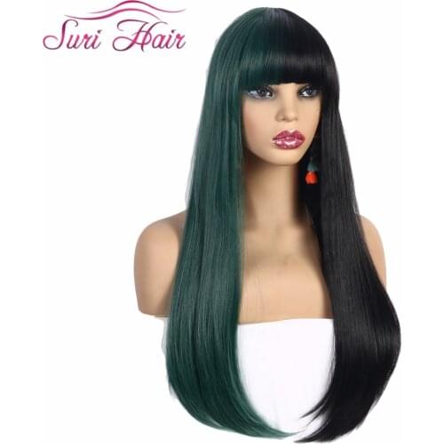 Suri Hair long straight synthetic wigs Half green half black color women wig with bangs cosplay Heat Resistant African American