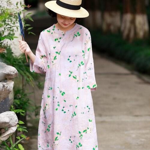 Green Beads Button Camellia Flower Print Three Quarter Sleeve Pure Ramie Linen Dress, Summer Thin Pink Traditional Retro Dresses