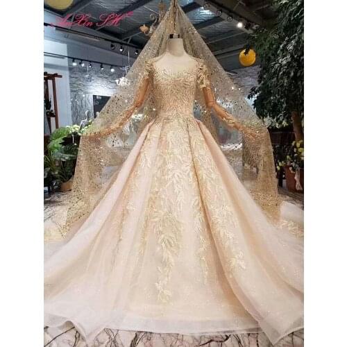 AnXin SH Luxury princess champagne lace o neck beading crystal illusion long sleeves sparkly wedding dress 100% real photo