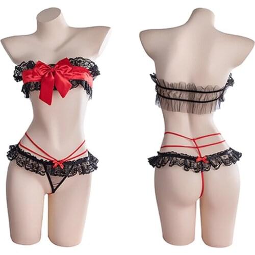 Sexy Women Red Bowknot Lace Strapless Camisoles Intimates Reffles Underwear Punk Lolita Devil Girl Cosplay Lingerie Bikini Set