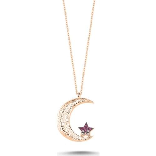 Silver 925 Sterling Openwork Pattern and Zircon Cubic Zirconia Moon Star Necklace
