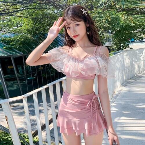 2020 New Korean Style Fairy Style Student Swimsuit Belly Covering Slim High Waist 0330 Chiffon
