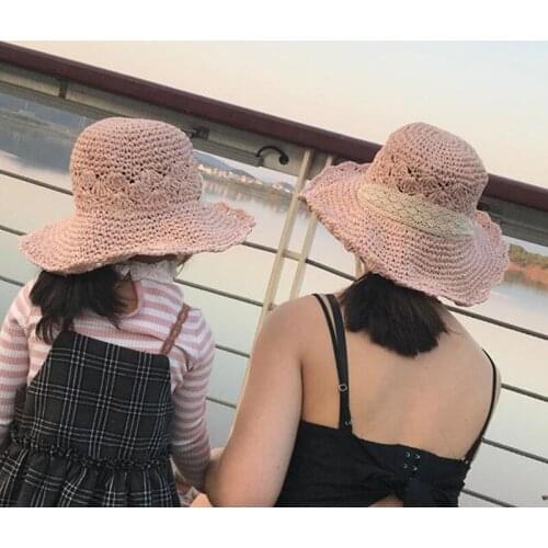 Girls Straw Hat Summer Baby SunHat Round Top Raffia Wide Brim Straw Hats Children Ribbon Design Women Parent-Child Beach Caps