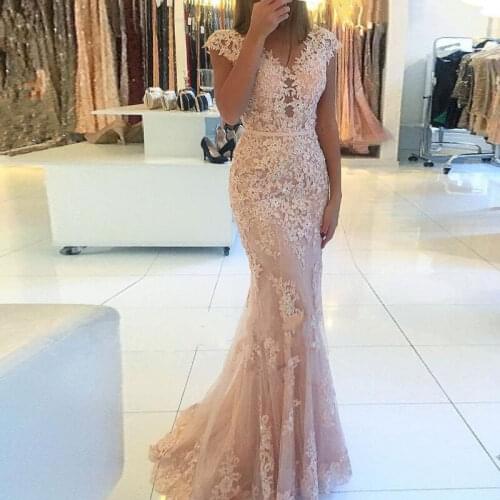 New Arrival Prom Party Evening Dresses Lace Appliques V-neck Cap Sleeves Sereia Gown Lace Dress Mermaid Robe De Soiree