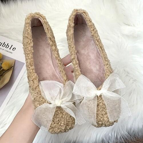 Winter mules women white fur slip on loafers Lace bow anti-slip flat shoes ladies plush padded fur moccasins U12-95