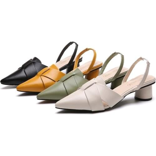 2021 spring new pointed toe round heel sandals with two-wear mid-heel Baotou half slippers women
