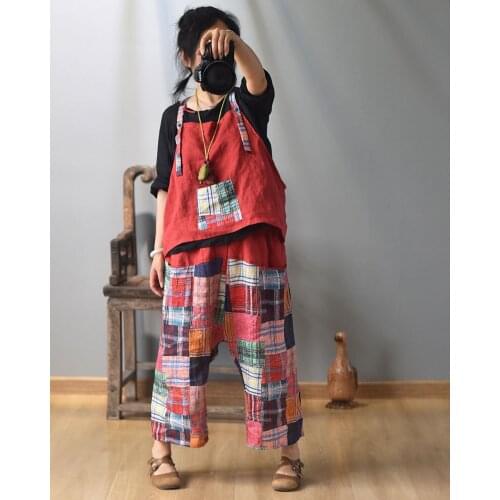 Women Loose Patchwork Ramie Summer Pants Ladies Loose Retro Elastic Waist Ramie Harem Trousers Female 2020 Harem pants