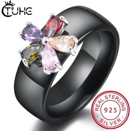 Fashion Rainbow Crytal Ring Micro Pave Five Color Flower Crystal CZ Ceramic for Women Valentines Day Gift Fashion Jewelry