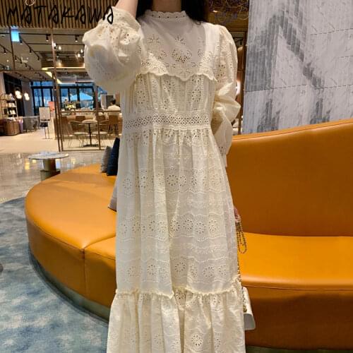 Matakawa Korean Autumn Retro Temperament Heavy Green O Neck Hollow Out Dress Long Sleeve High Waist Loose Puff Sleeve Elegant