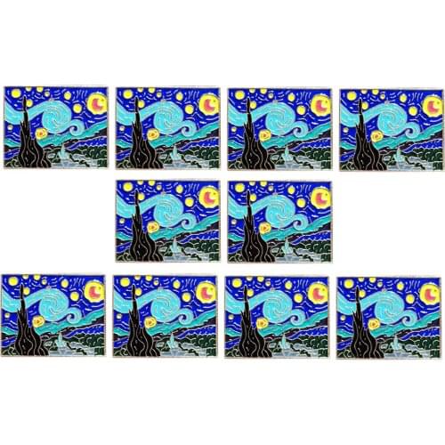 10pcs/Lot Cartoon Golden Van Gogh Oil Painting Starry Sun Moon Enamel Brooches Jewelry Badge Wish Pin For Women Custom Gift