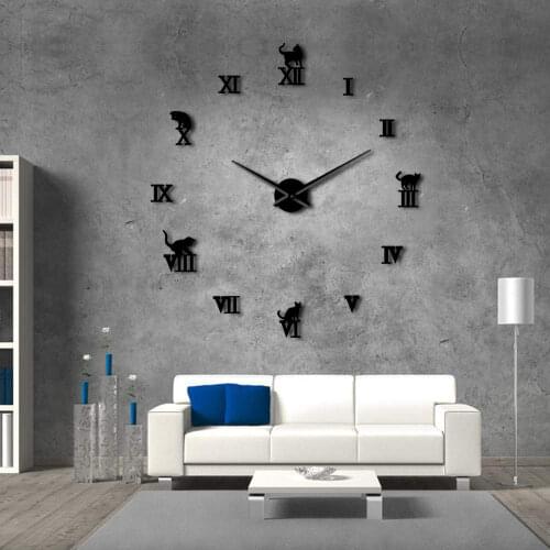 3D DIY Large Silent Quartz Wall Clock Modern Frameless Home Decor Cat Big Clock Mirror For Bedroom Room Kittens Kitty Decor