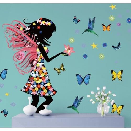 Butterflies Flower Fairy Wall Stickers for Girl Rooms Bedroom Decor Diy Cartoon Wall Decals Mural Art PVC Posters
