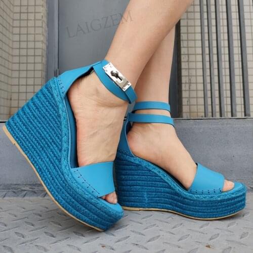 BERZIMER SUPER Women Sandals Platform Wedges Sandalias Female Summer Ankle Strap Pumps Zapatos Mujer Shoes Woman Size 38 39 40